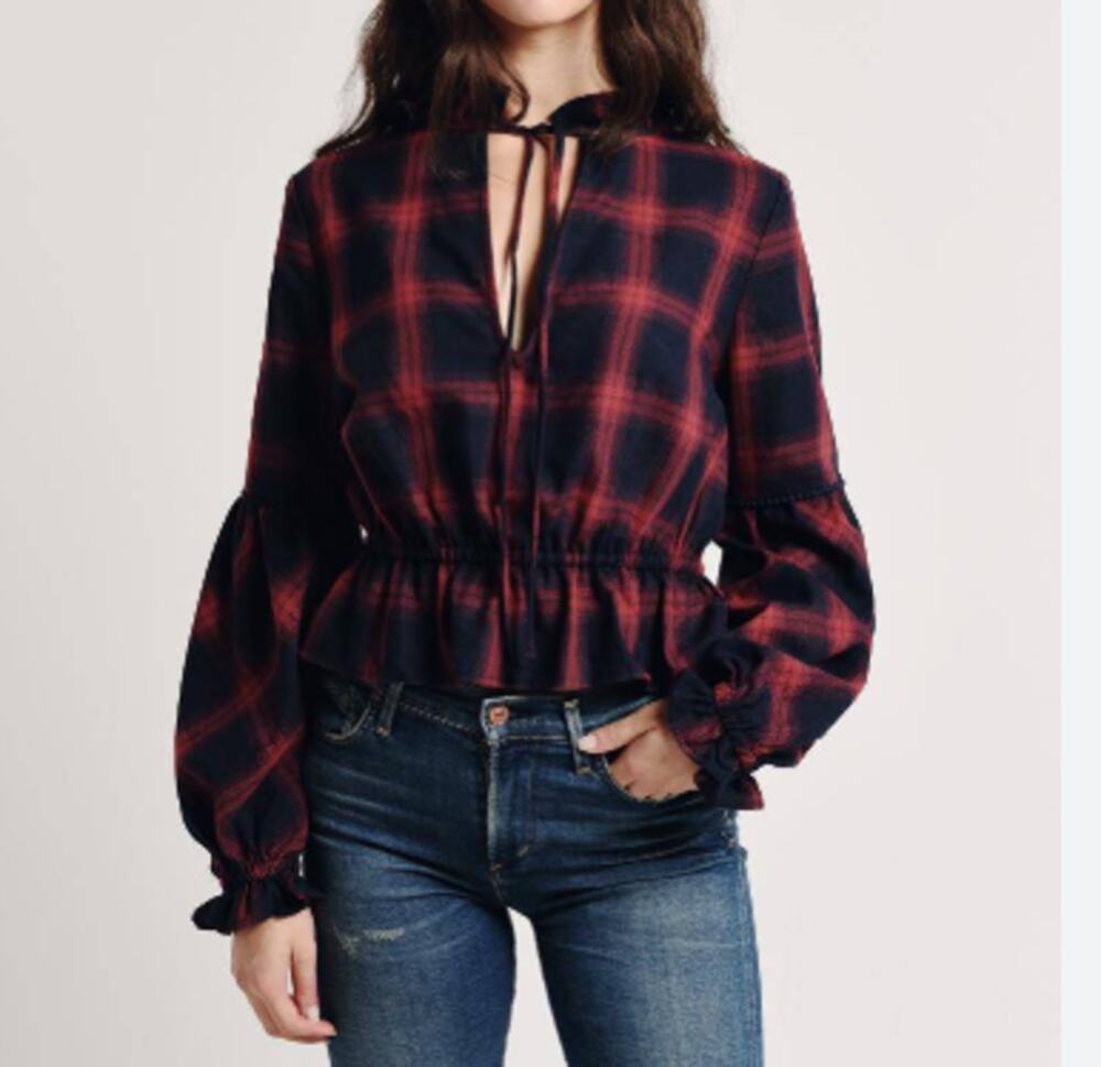 The Fifth Label Nash Check Long Sleeve Top Cotton Balloon Slv Sz 8 NWT
